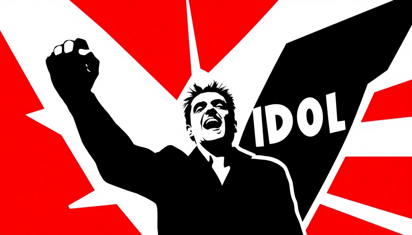 A dynamic abstract illustration featuring bold, angular shapes in red and white, capturing the rebellious energy of a Billy Idol performance.