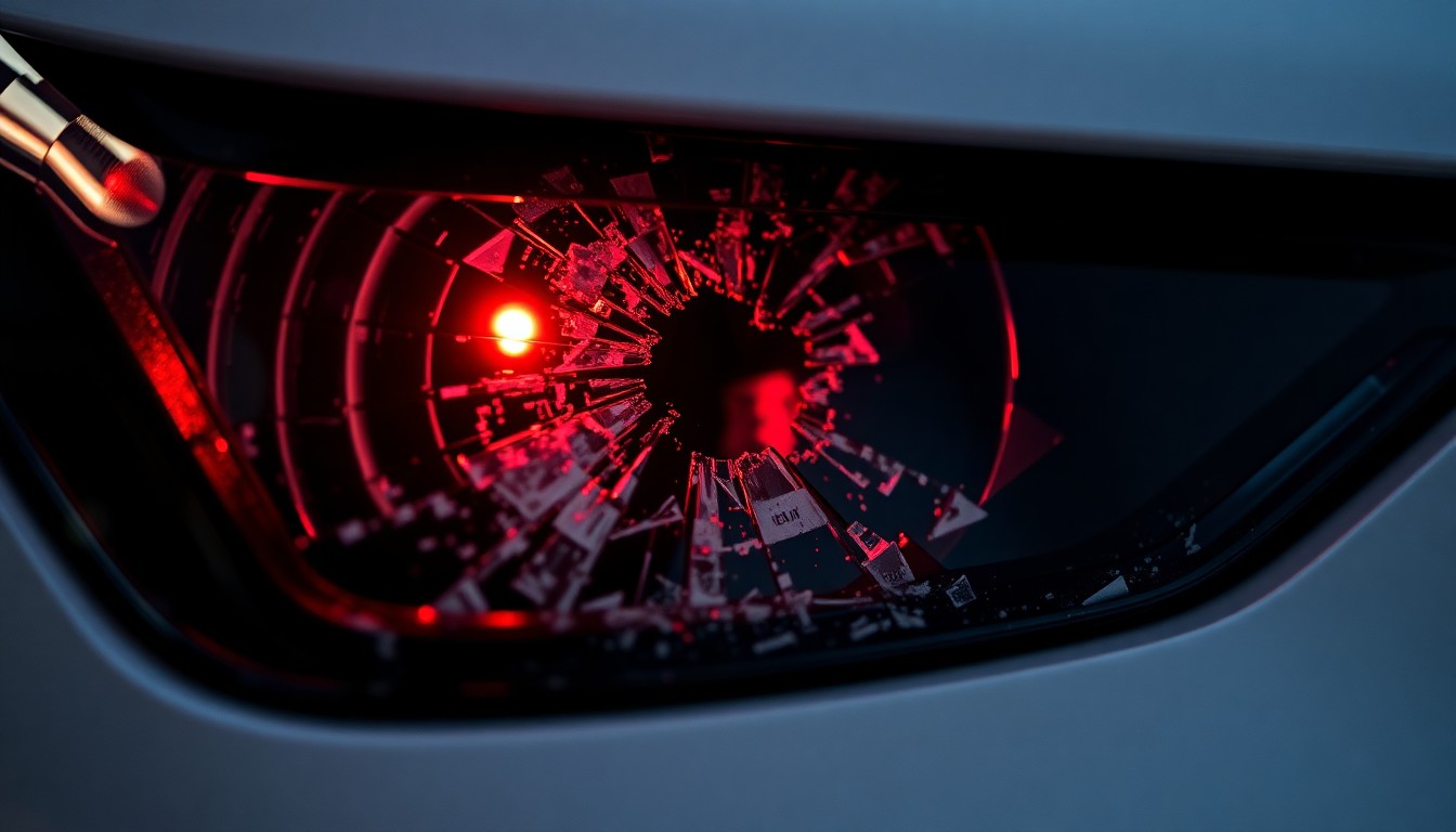 An extreme close-up of a shattered car sensor lens reflecting a faint red light, conceptually illustrating the vandalism of self-driving cars.