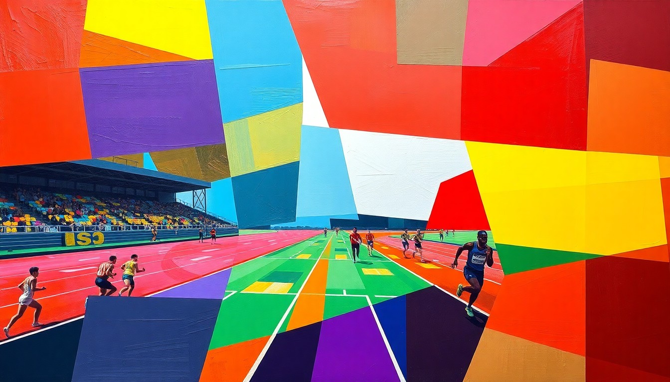 A cubist, geometric painting depicting a track and field competition, with overlapping planes of bright colors and abstract shapes representing the dynamic movements and energy of the athletes.