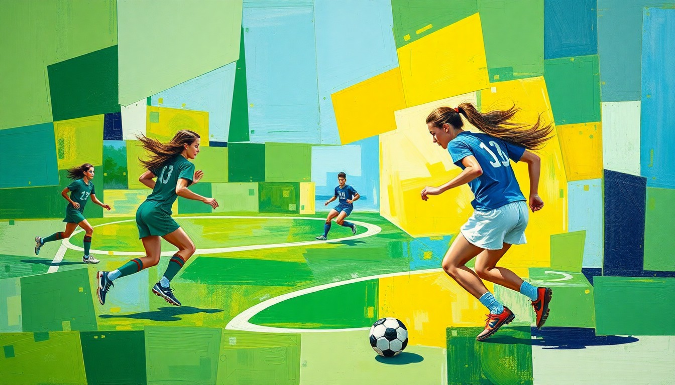 A cubist, geometric painting depicting a girls soccer game, with overlapping planes of vibrant green, blue, and yellow hues representing the dynamic action on the field.