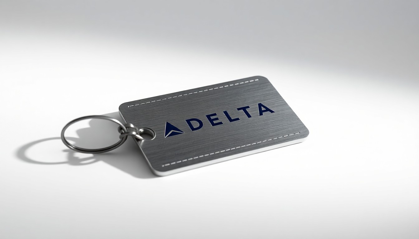 A highly detailed, photorealistic studio photograph of a single, shiny metal luggage tag with the Delta logo floating on a clean white background. The tag is backlit, creating dramatic shadows that symbolize the weight of increasing travel costs.