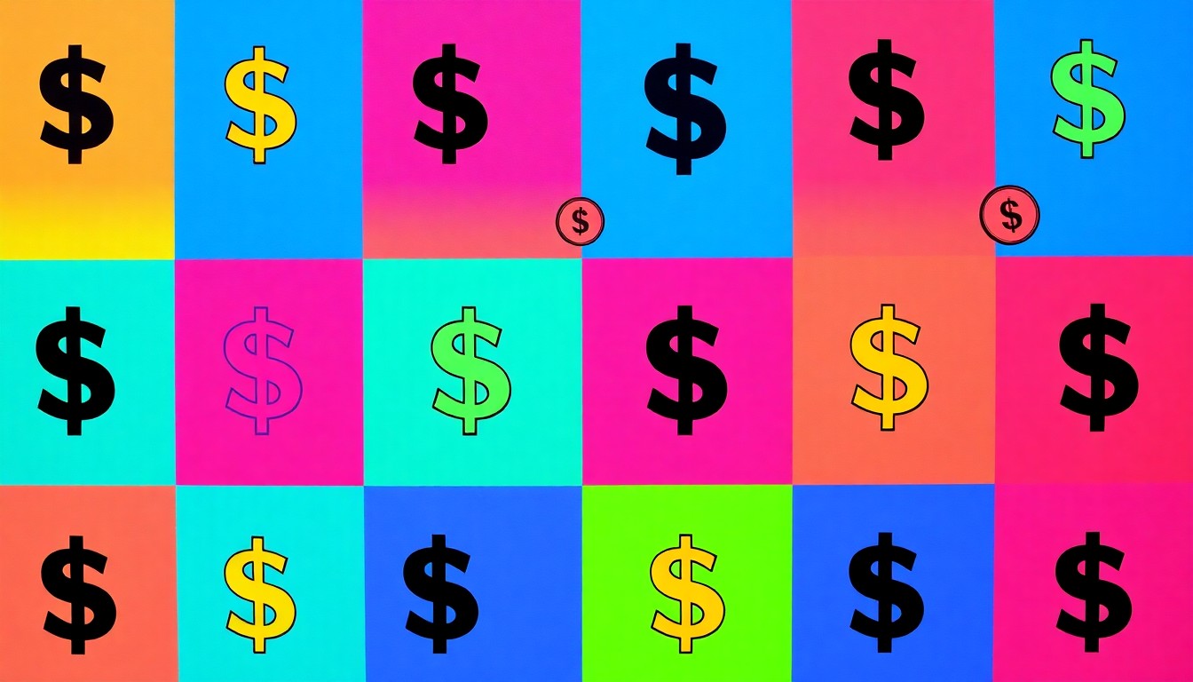 A brightly colored, high-contrast silkscreen print of a single, iconic lottery ticket icon repeated in a tight grid pattern, conceptually representing the unexpected windfall of a lottery jackpot win.