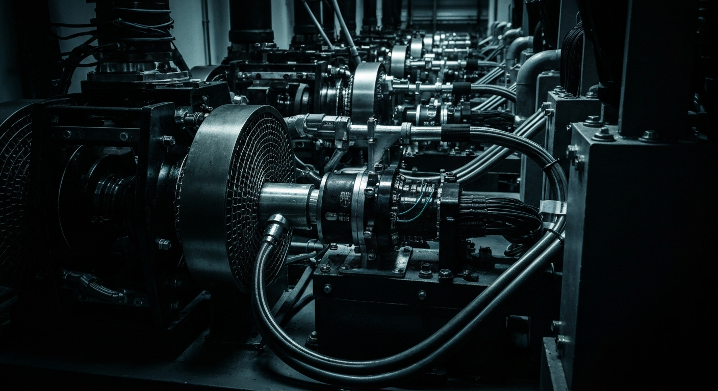 An extreme close-up of the gears, wires, and metal components that make up the powerful machinery of a sustainable bitcoin mining facility, captured in a dramatic, high-contrast style that emphasizes the technical complexity and industrial scale of the operation.