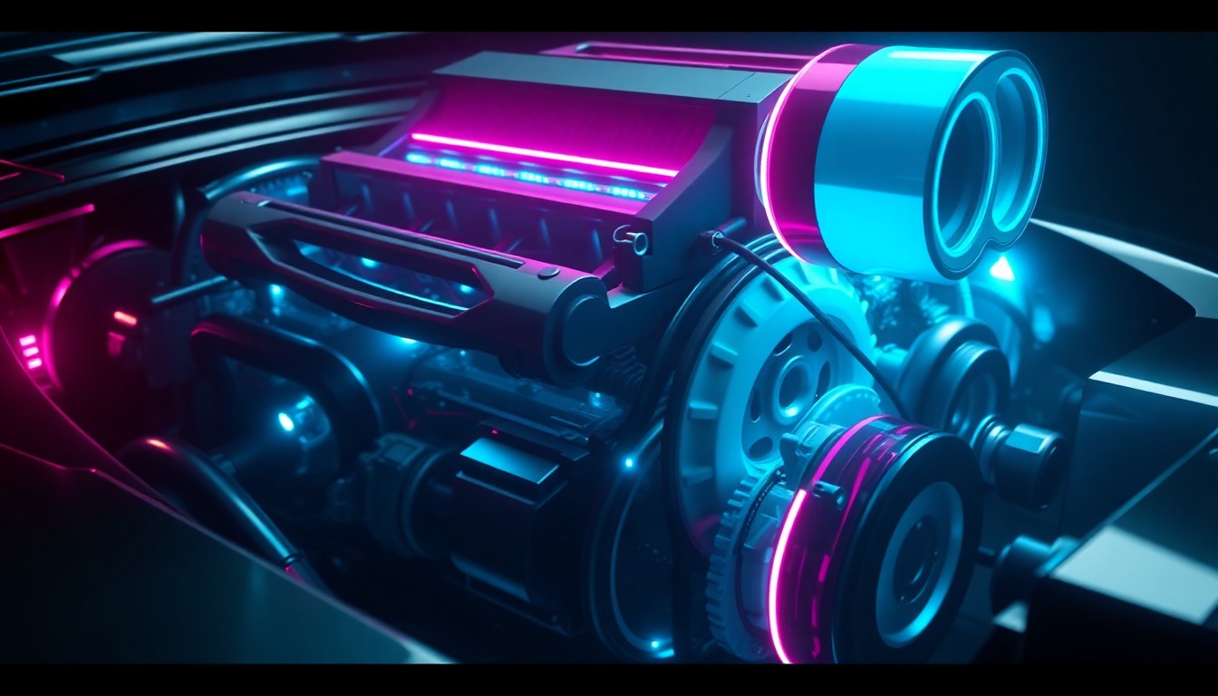 A highly detailed, glowing 3D illustration of a futuristic racing car engine with neon cyan and magenta lights illuminating the intricate mechanical components, conceptually representing the technological innovation and immersive experience of the Gran Turismo game franchise.