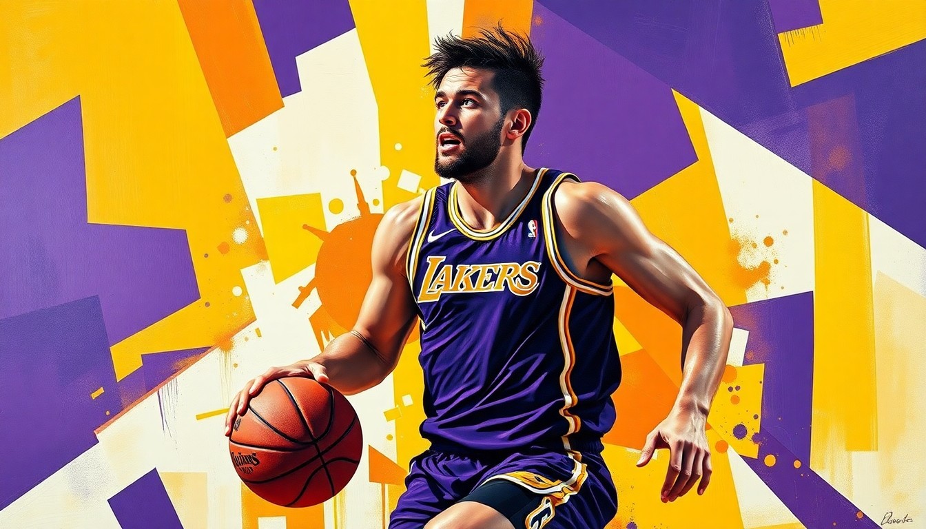 A cubist, geometric painting depicting fragmented, overlapping images of a basketball player in motion, representing the Lakers' challenges without their leading scorer Luka Dončić.
