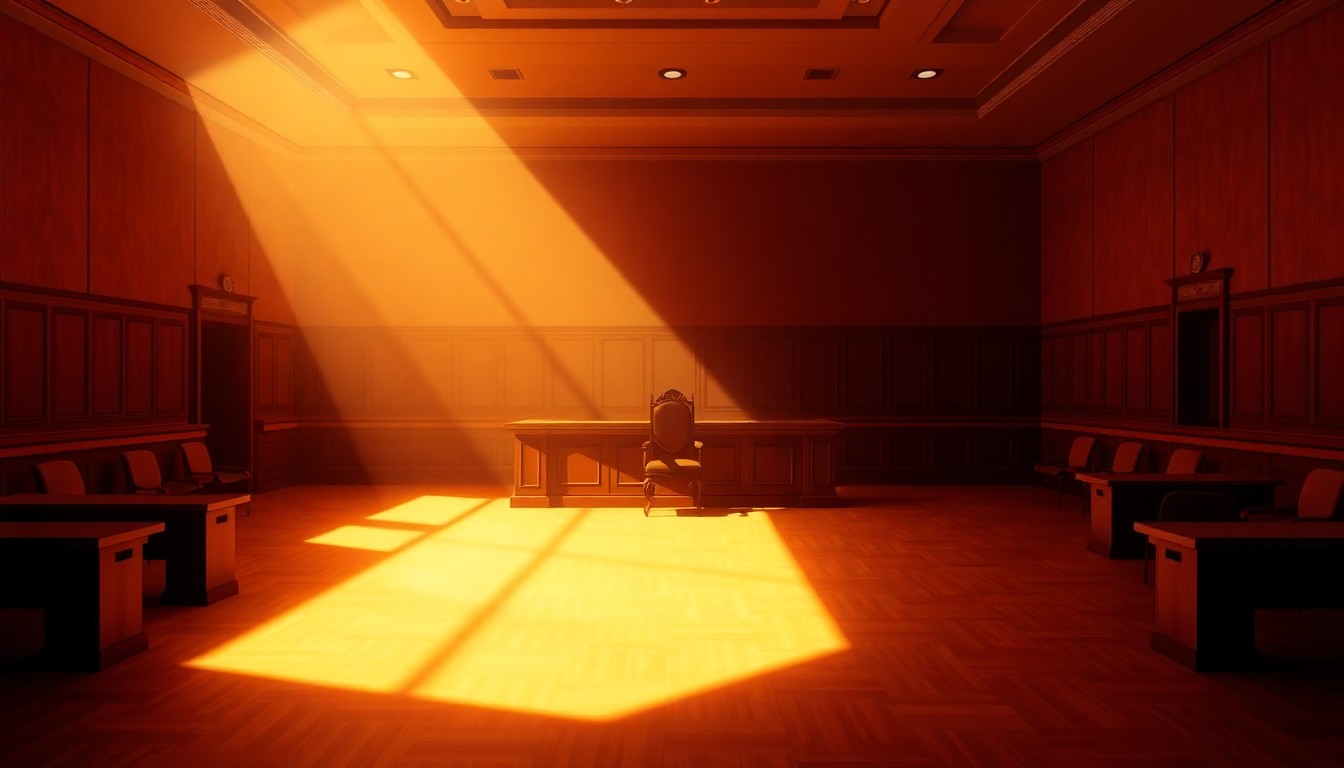A quiet, cinematic painting of an empty courtroom with a single chair at the judge's bench, bathed in warm, diagonal sunlight and deep shadows, conceptually representing the complex legal issues at the heart of this case.