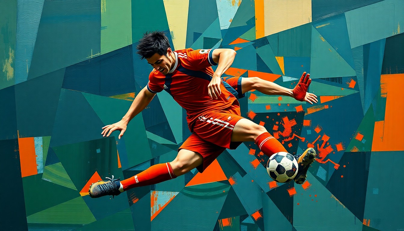A fractured, cubist-style painting depicting a soccer player's leg in motion, broken down into sharp, angular planes of navy, green, and orange, conveying the devastating impact of Agyemang's injury.