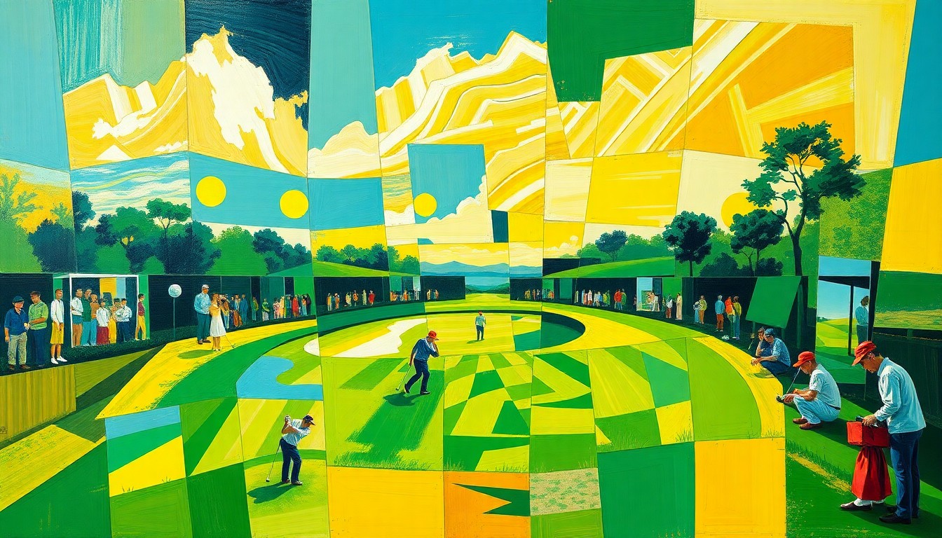 A cubist, geometric painting depicting a fragmented, multi-angled view of a golf tournament scene, with sharp planes of emerald, azure, and gold conveying the dynamic energy and international scope of the sport.