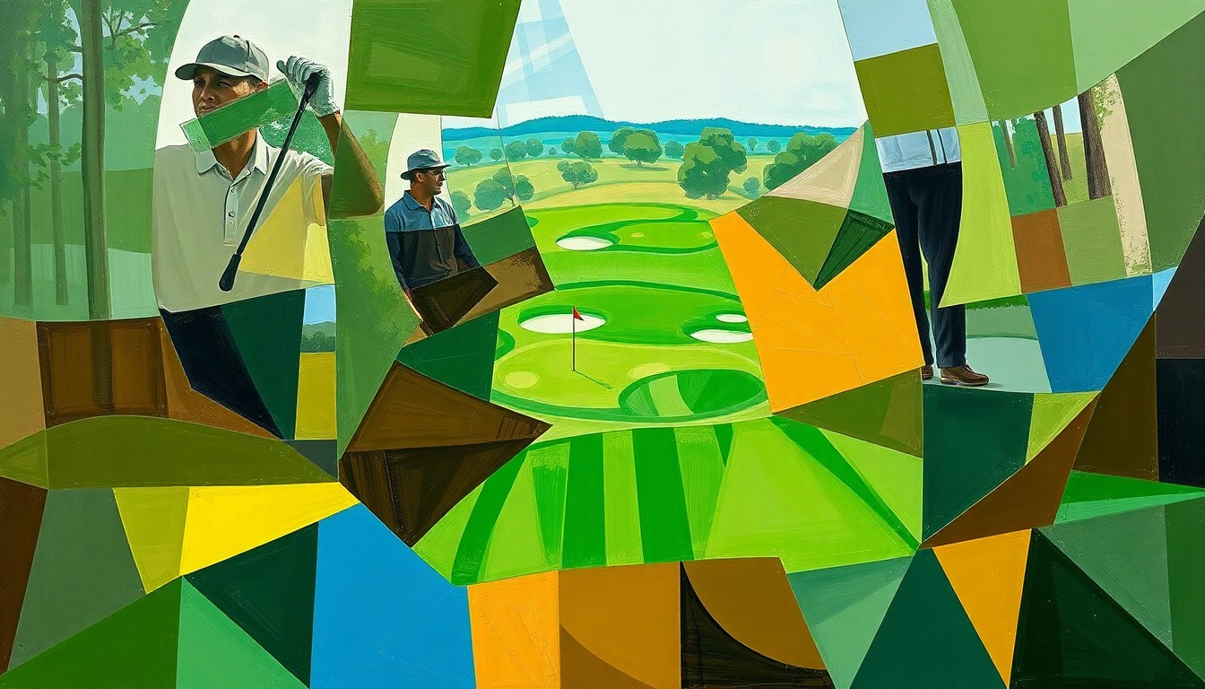 A cubist-style painting featuring overlapping geometric shapes and planes in shades of green, brown, and blue, conceptually representing the fractured perspectives and complex emotions surrounding Tiger Woods' absence from the Masters due to his recent DUI arrest.
