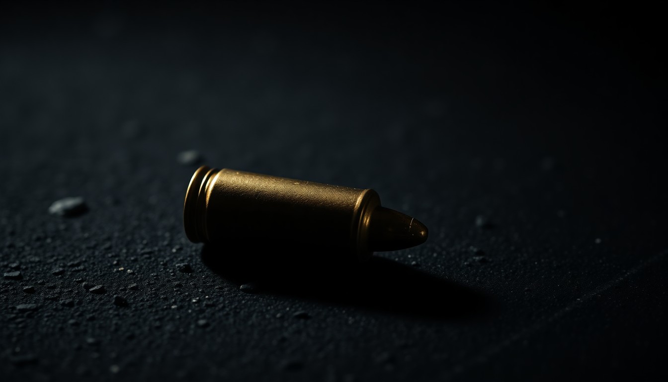 An extreme close-up photograph of a single spent shell casing on a dark, textured surface, lit by a harsh, direct camera flash, conceptually illustrating the aftermath of a law enforcement incident.