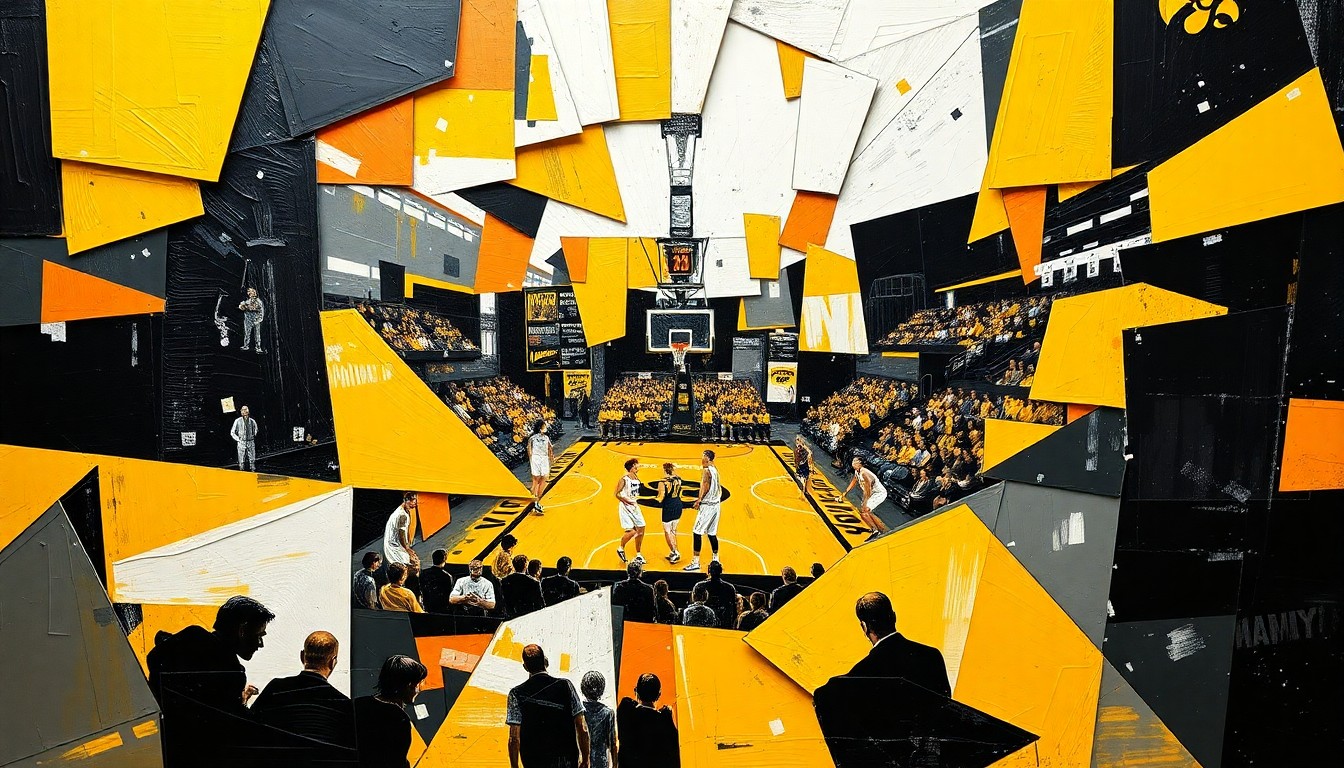 A cubist-style painting featuring sharp, overlapping geometric shapes in Iowa's team colors of black, gold, and white, representing the fragmented state of the women's basketball roster after multiple player transfers.