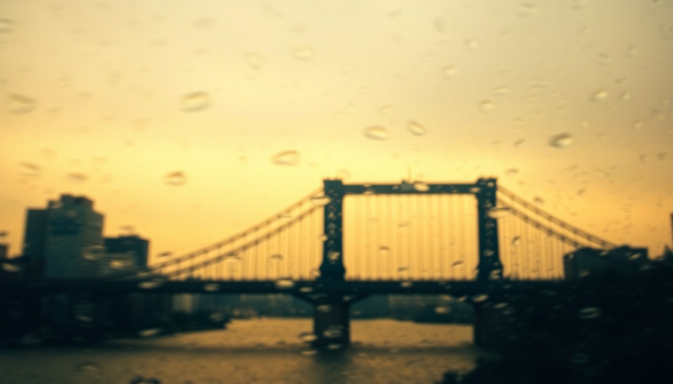 An impressionistic, out-of-focus photograph showing the shadowy outline of a bridge against a hazy, colorful urban backdrop, conveying the transitional nature of the upcoming construction project.