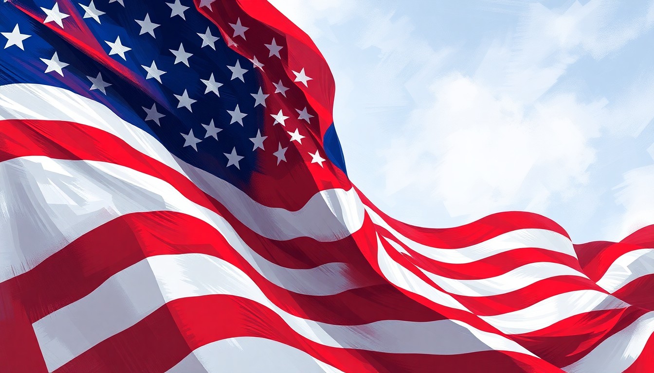 A vibrant, abstract painting featuring the American flag repeated in overlapping, fractured geometric shapes in red, white, and blue, conveying a sense of motion and political tension.