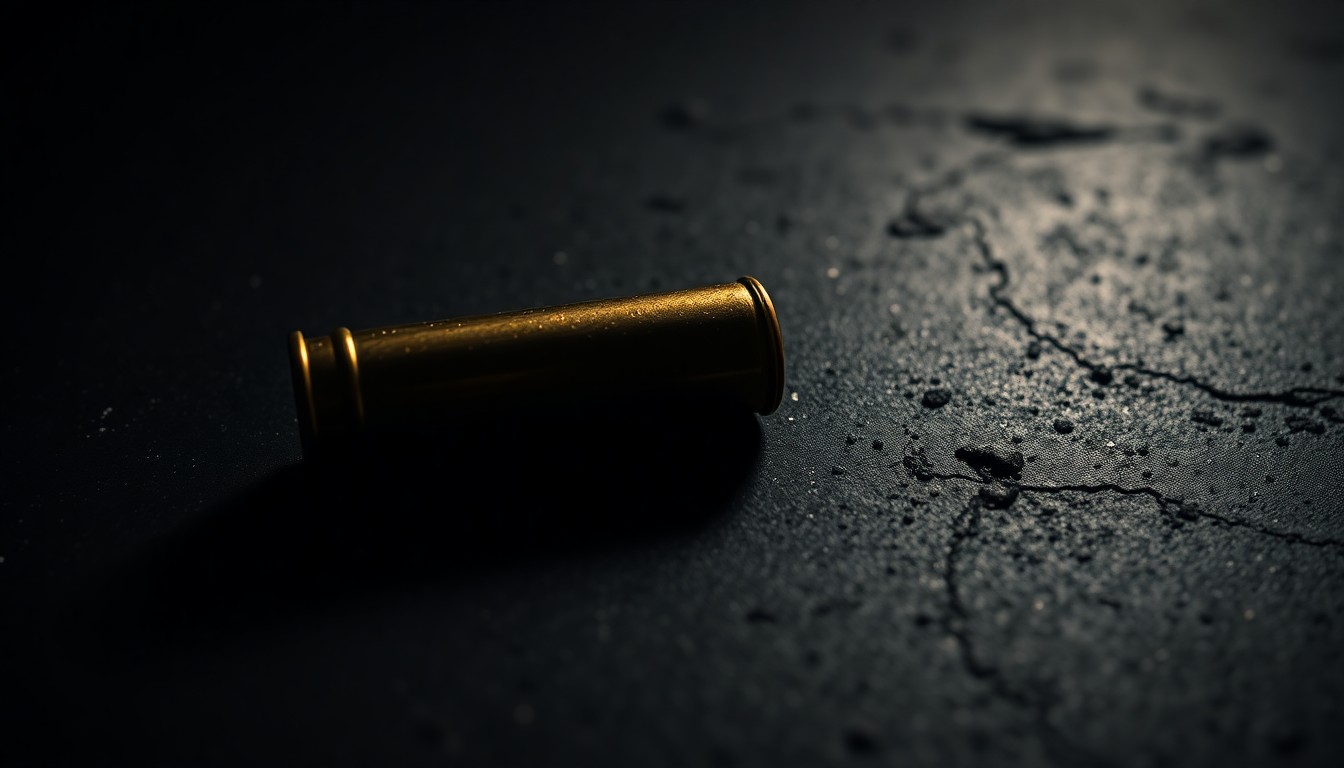 An extreme close-up photograph of a single spent shell casing lying on a dark, textured surface, lit by a harsh, direct camera flash, conceptually illustrating the aftermath of a deadly shooting.