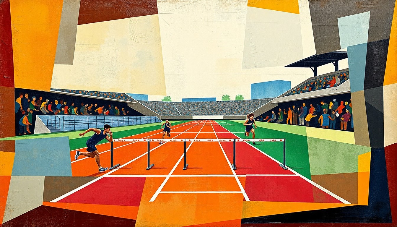 A fragmented, geometric painting in the style of Pablo Picasso, with overlapping planes and shapes representing runners, hurdles, and other track and field equipment, capturing the motion and competition of a high school track meet.