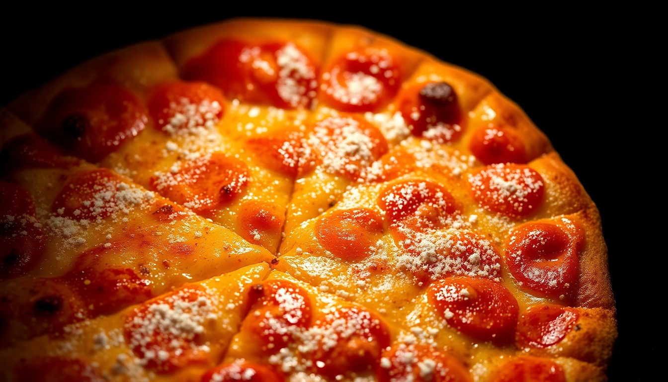 An extreme close-up photograph of golden-brown, glistening pizza crust with a light dusting of flour, shot in dramatic high-contrast studio lighting to create a glamorous, high-fashion aesthetic.