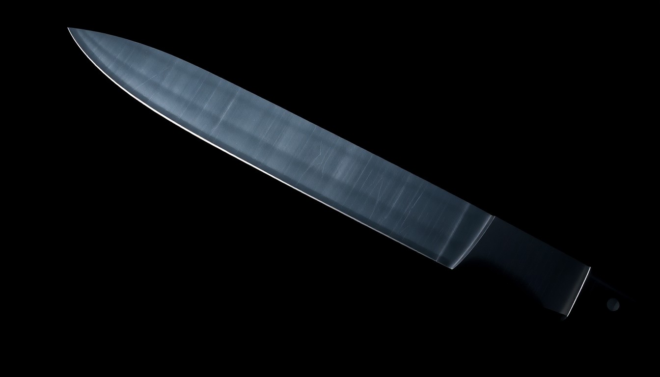 An extreme close-up of a machete blade reflecting a harsh, direct flash of light against a pitch-black background, conveying the stark, gritty nature of this violent crime.