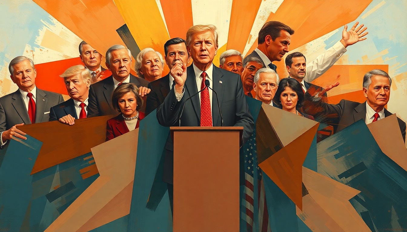 A dynamic, abstract painting of a fractured, overlapping podium or lectern in warm earth tones and cool blues, conveying a sense of political change and turbulence.