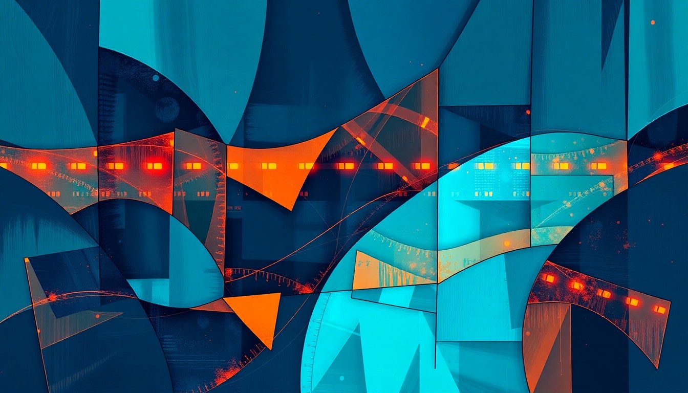 An abstract, fragmented painting of a futuristic data center structure in overlapping geometric shapes and bold, contrasting colors, conceptually representing the grassroots resistance to the growth of AI facilities.