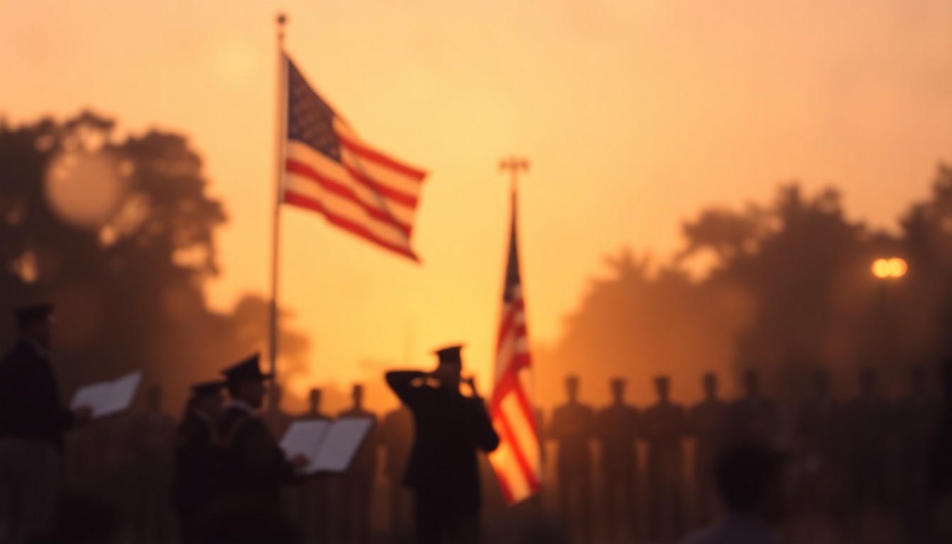 An impressionistic, out-of-focus scene of the Disneyland Flag Retreat ceremony, with the American flag, Disneyland Band, and silhouettes of the Dapper Dans choir visible through a hazy, rain-streaked lens, conveying a sense of reverence and nostalgia for the sacrifices of America's 'greatest generation'.