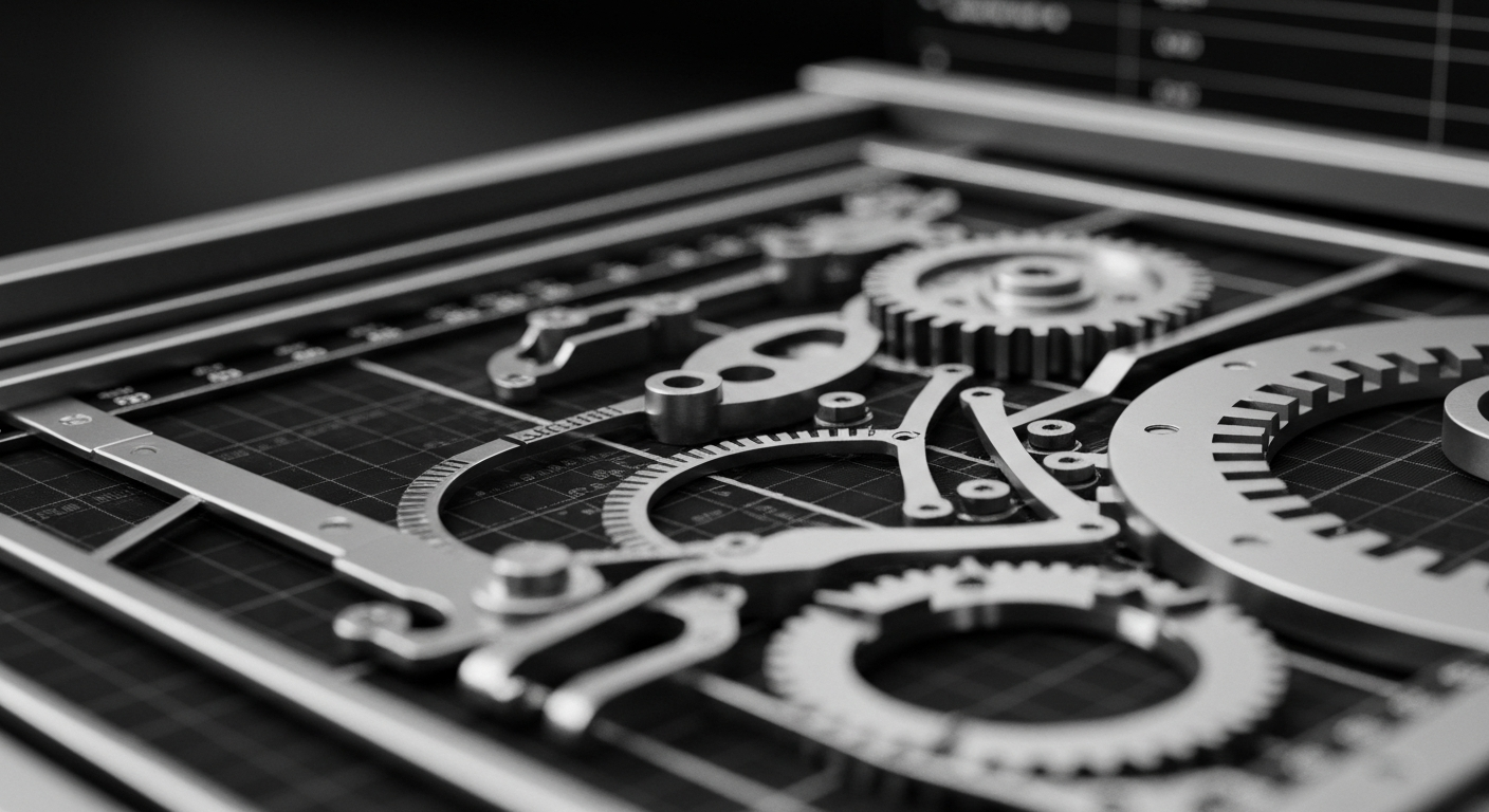 A close-up, black-and-white image of the intricate mechanical components that power a high-tech financial trading platform, conveying the idea of the hidden infrastructure supporting the world of investments and capital markets.