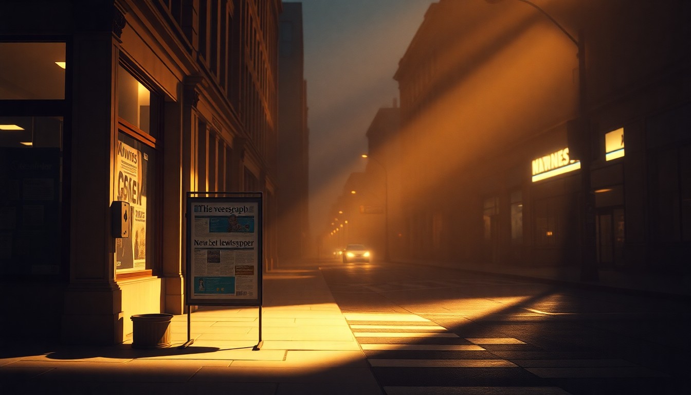 A dimly lit, cinematic painting of a lone newspaper stand on a city street, with warm sunlight and deep shadows creating a melancholy mood that reflects the struggles of the local newspaper industry.