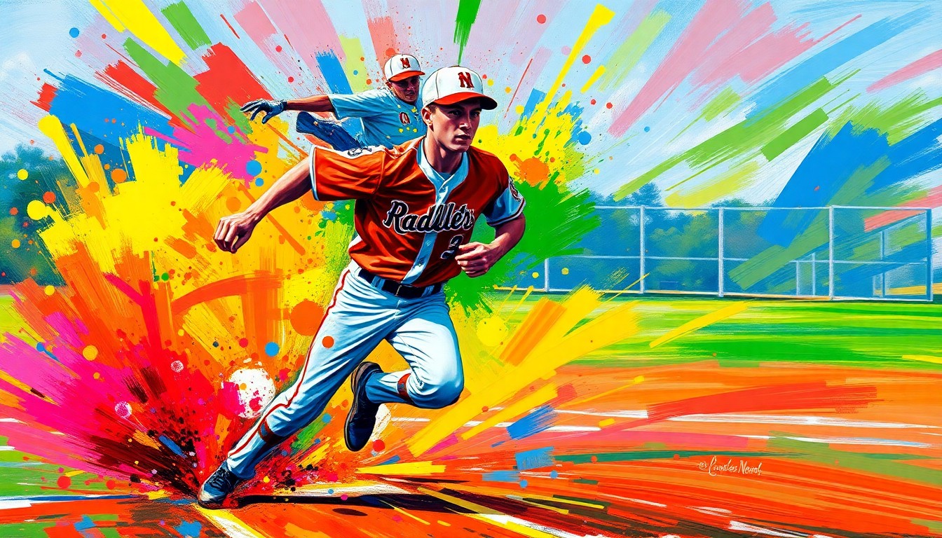 An abstract, energetic painting in neon colors depicting the movement and dynamism of a baseball player rounding the bases, their features indistinct but the overall sense of athletic power and momentum clearly conveyed.