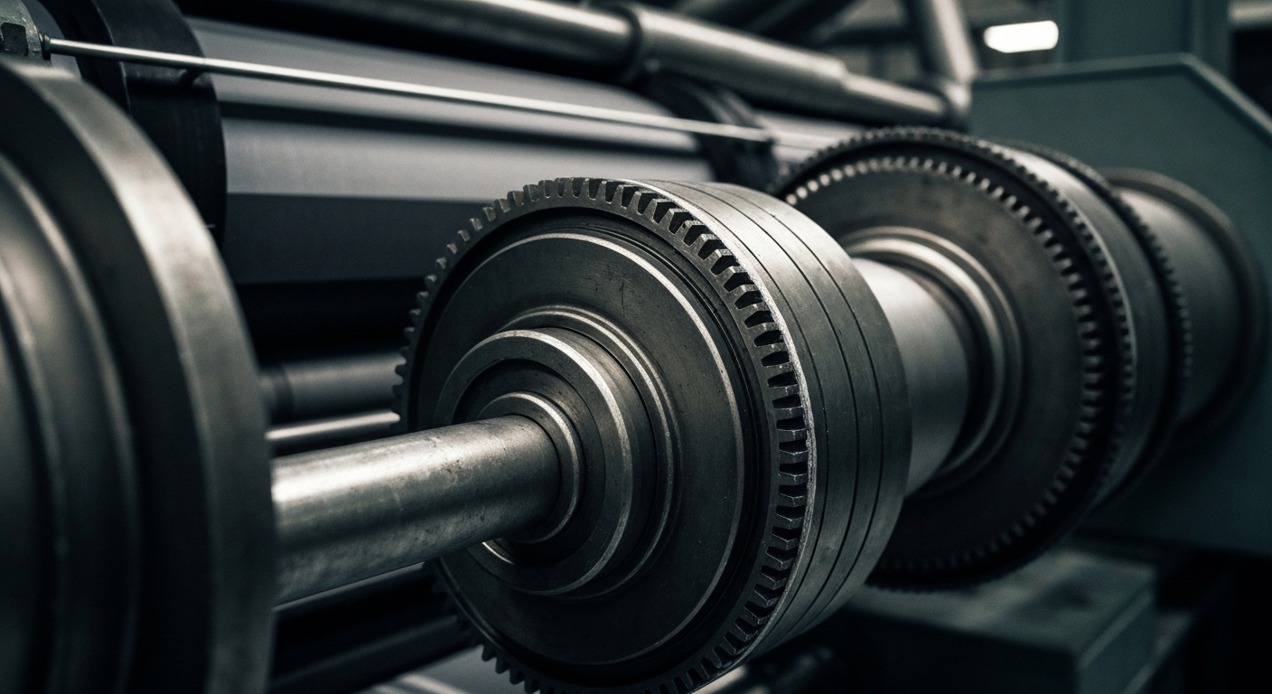 An extreme close-up of the intricate gears and mechanisms of an industrial paper processing machine, conveying the complex, physical nature of Kimberly-Clark's manufacturing operations.
