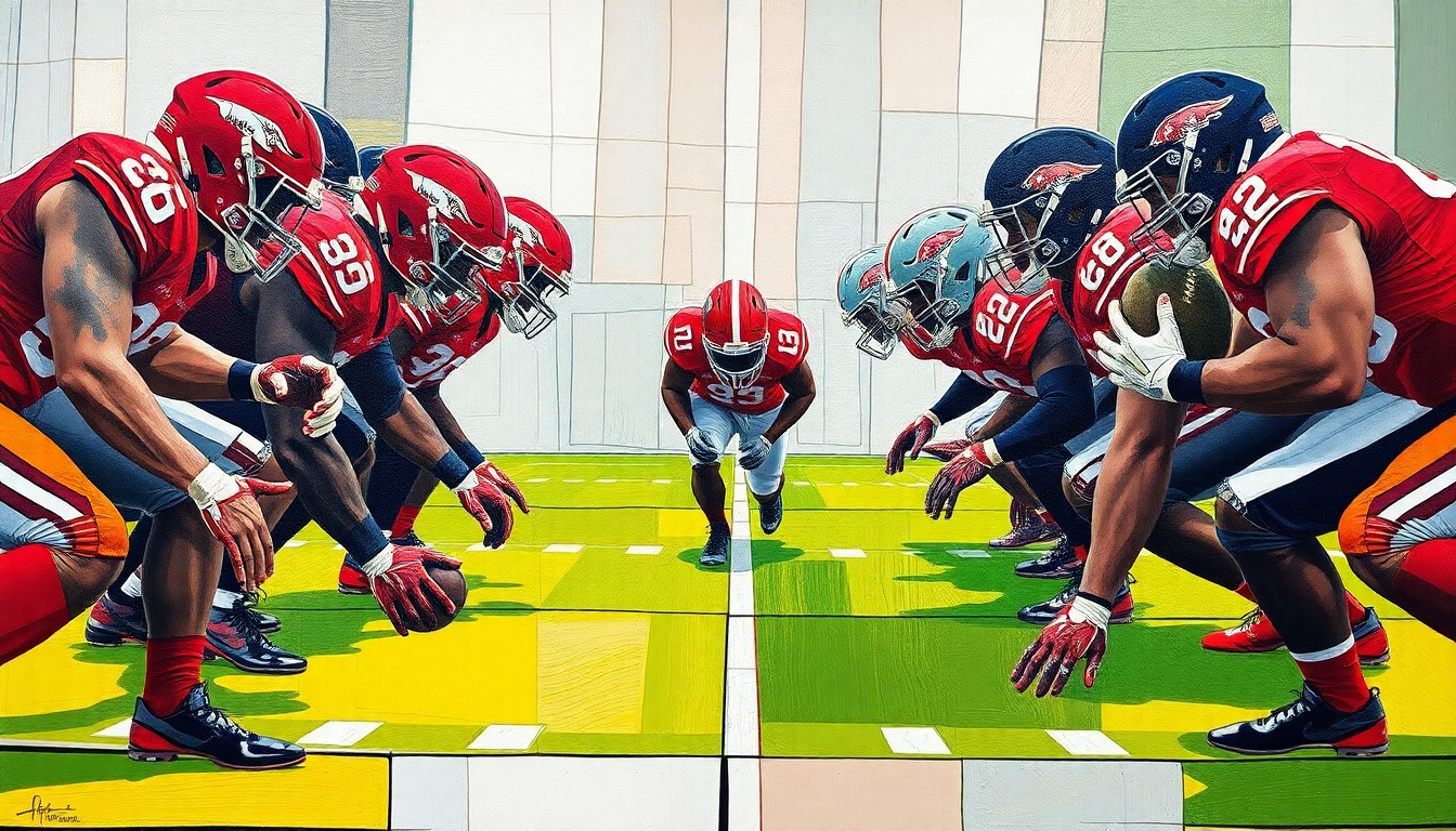 A cubist, geometric painting depicting the fragmented movements and overlapping perspectives of a college football defensive line, rendered in the official red and white colors of the Arkansas Razorbacks.