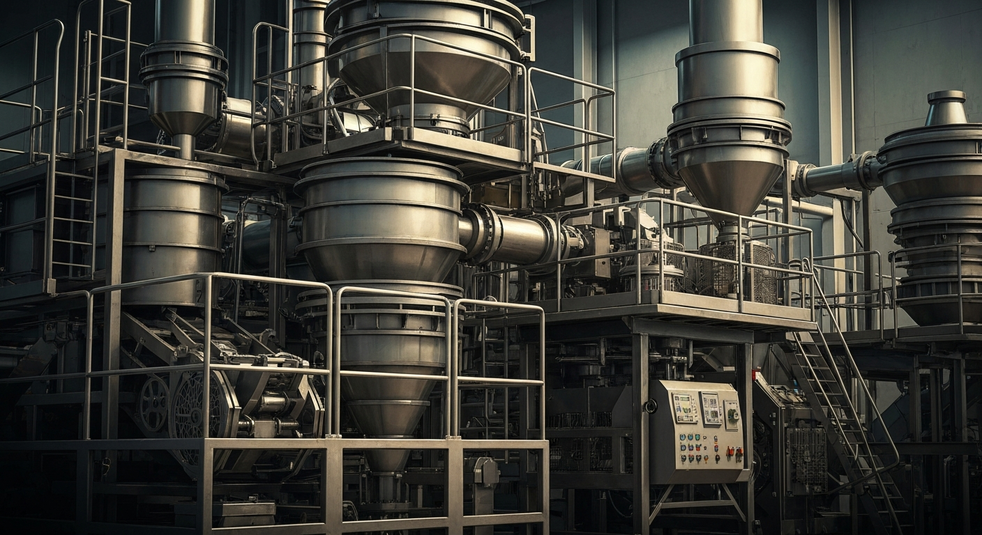 An extreme close-up of industrial food processing equipment, conveying the scale and complexity of the snack food industry without using any text or identifiable branding.