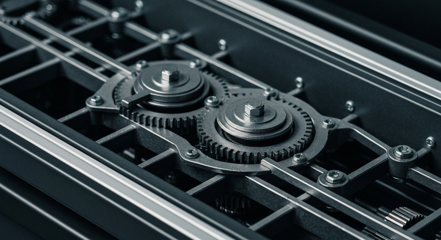 An extreme close-up of the complex metal gears and mechanisms inside a YETI cooler, captured in a dramatic, textured black-and-white style that emphasizes the brand's focus on precision engineering and industrial strength.