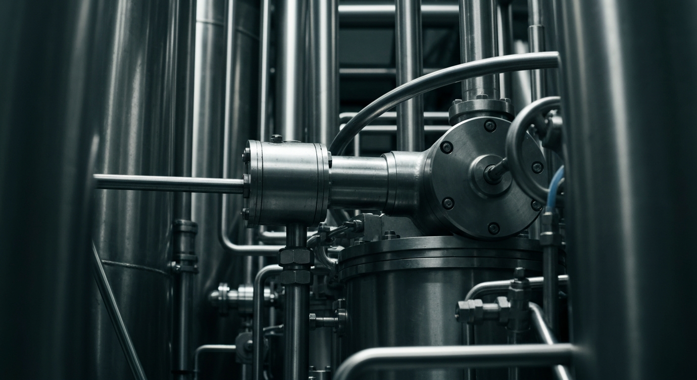 An extreme close-up of the gears, pipes, and other heavy machinery inside a modern brewery, rendered in a high-contrast, black-and-white documentary style that emphasizes the industrial nature of craft beer production.