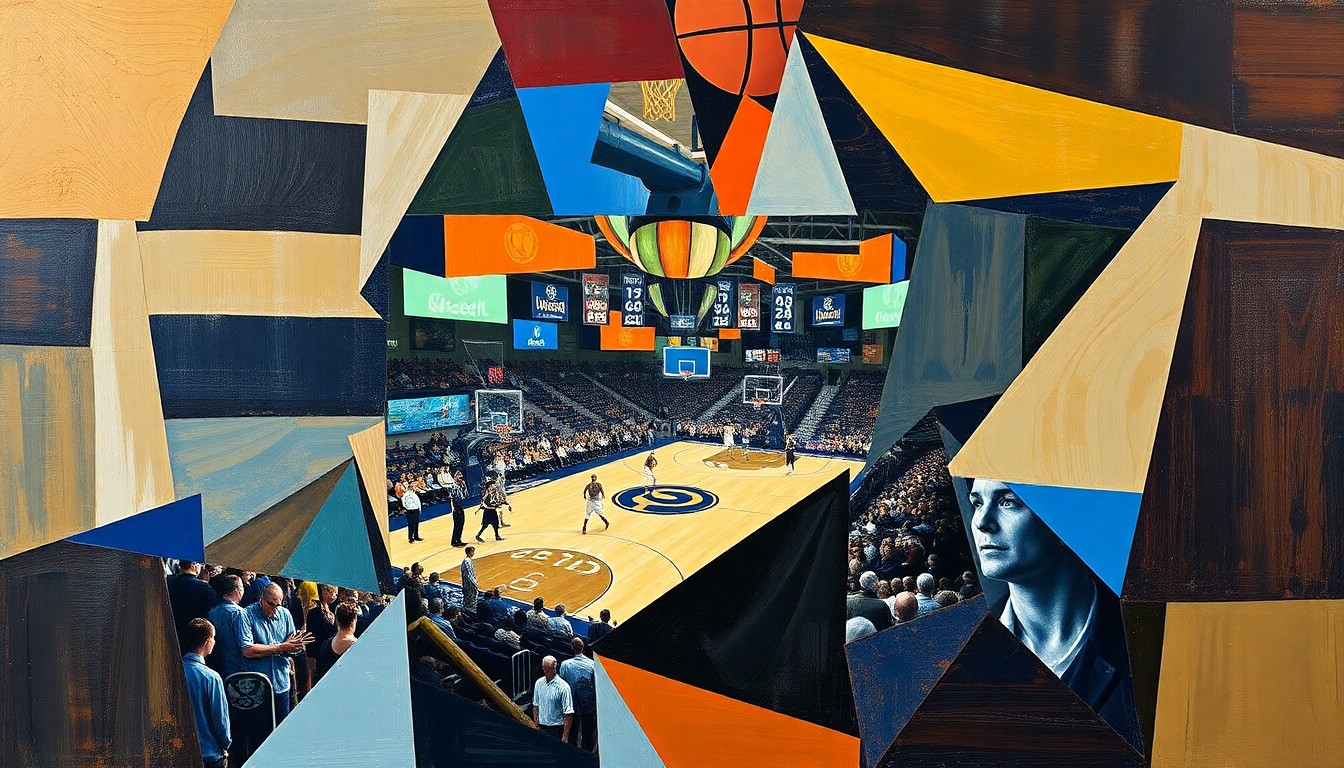 A cubist, geometric painting depicting a fragmented college basketball game, with sharp planes of color and overlapping shapes representing the dynamic action on the court.
