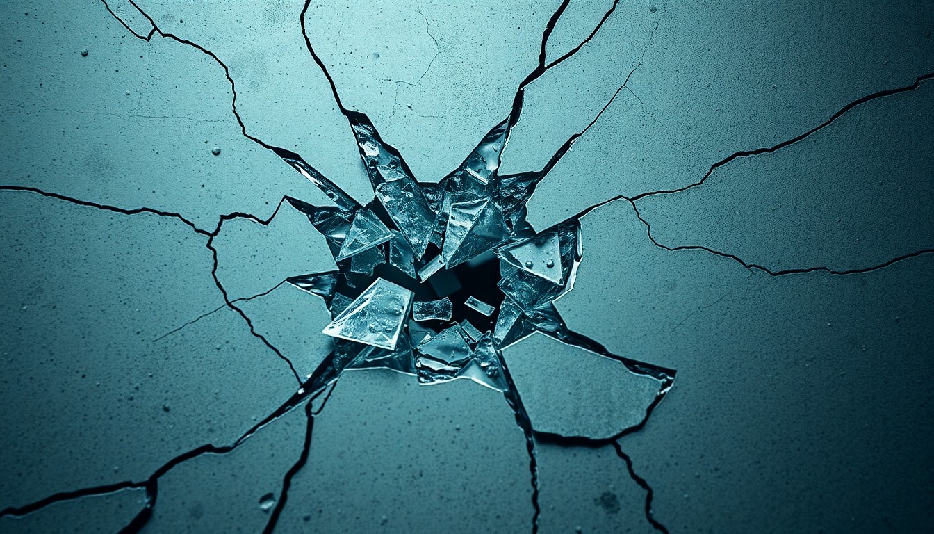An extreme close-up of shattered glass and cracked concrete in high-contrast studio lighting, conceptually representing the fractured family dynamics and the weight of legacy explored in the novel.