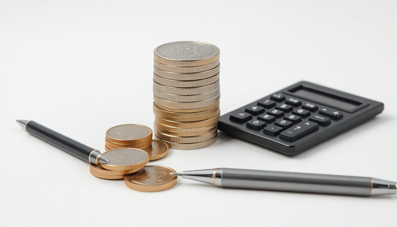A photorealistic studio still life featuring a stack of shiny metal coins, a calculator, and a pen arranged elegantly on a clean, white background, symbolizing Nutanix's corporate finance and capital allocation decisions.