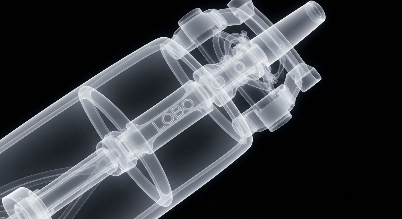 A translucent, ghostly X-ray photograph of the LOBO vascular occlusion device, revealing its skeletal, glowing internal structure against a dark background, conceptually illustrating the advanced medical technology behind this embolization system.
