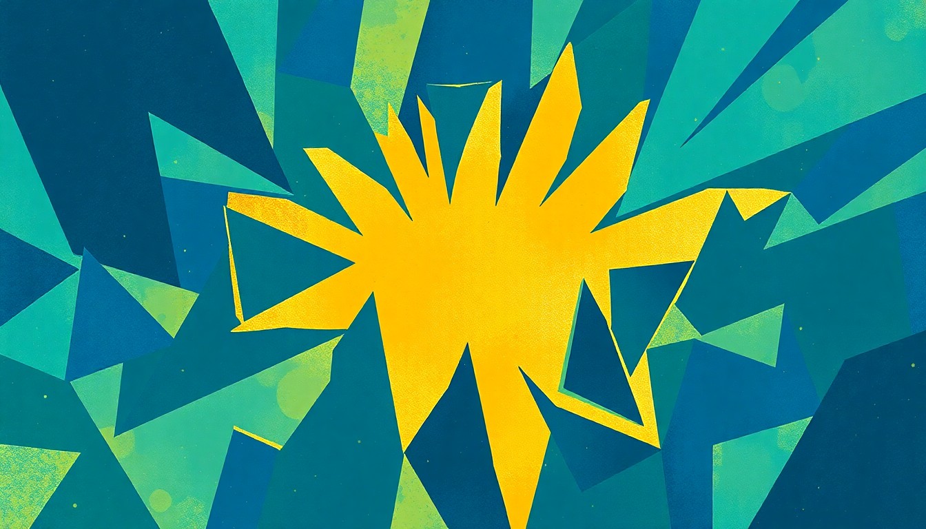 An abstract illustration featuring bold, geometric shapes in shades of blue, green, and gold, conceptually representing the resonance and harmony of a large choral and orchestral performance.