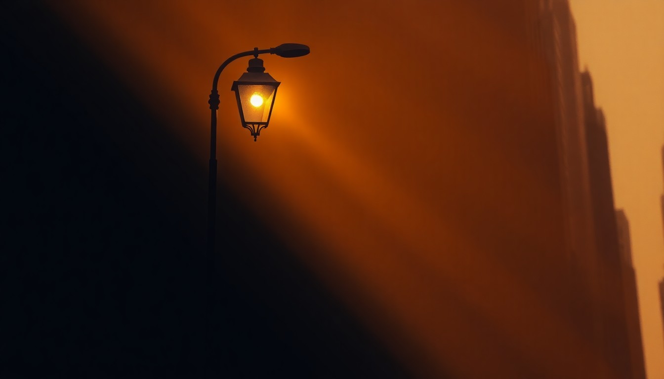 A realistic, cinematic painting of a single street lamp post on an empty city sidewalk, with warm sunlight casting long shadows across the pavement. The image has a melancholic, contemplative mood, reflecting the complex political and social issues at the heart of the story.
