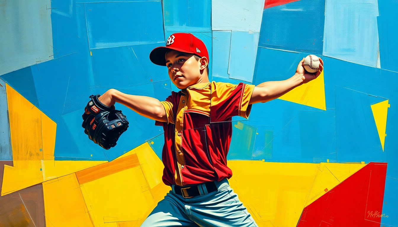 A fragmented, multi-angled painting depicting the physical strain and injury of a young baseball pitcher, with sharp, overlapping geometric shapes in vibrant colors like cobalt blue, crimson red, and golden yellow, conceptually representing the pain and challenge of the sport.
