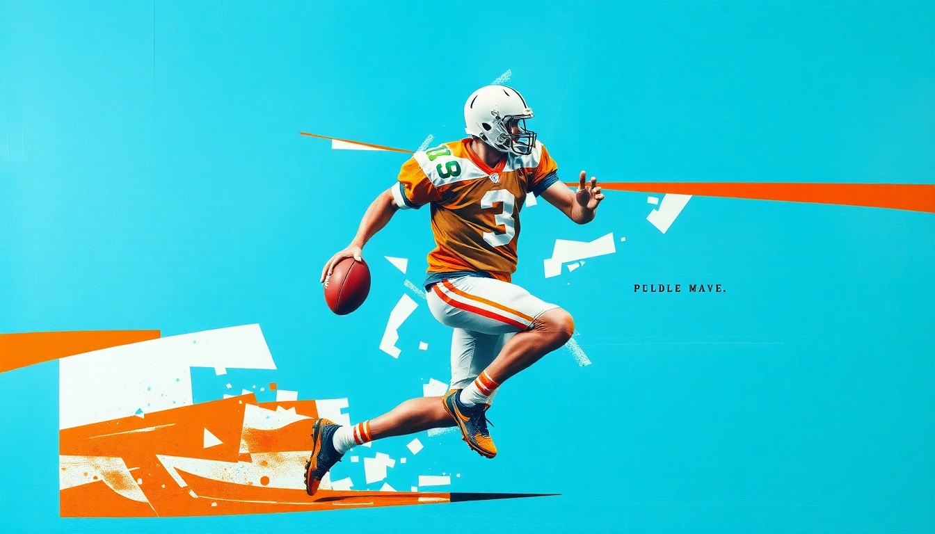 A cubist, geometric illustration depicting a football player in motion, broken down into overlapping planes of aqua blue, orange, and white, conveying the uncertainty surrounding De'Von Achane's absence from the Dolphins' offseason activities.