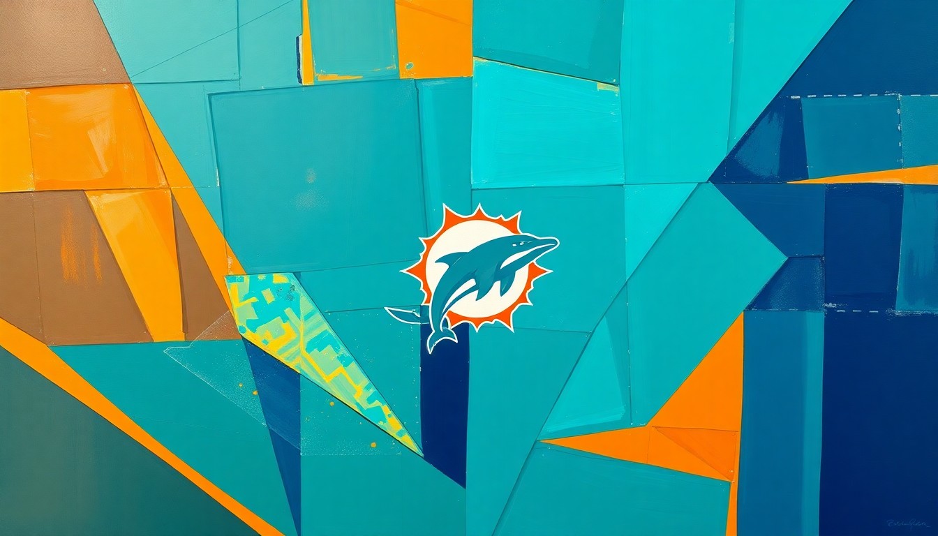 A fragmented, geometric painting depicting a defensive back in coverage, with sharp planes of navy, aqua, and orange representing the Miami Dolphins.