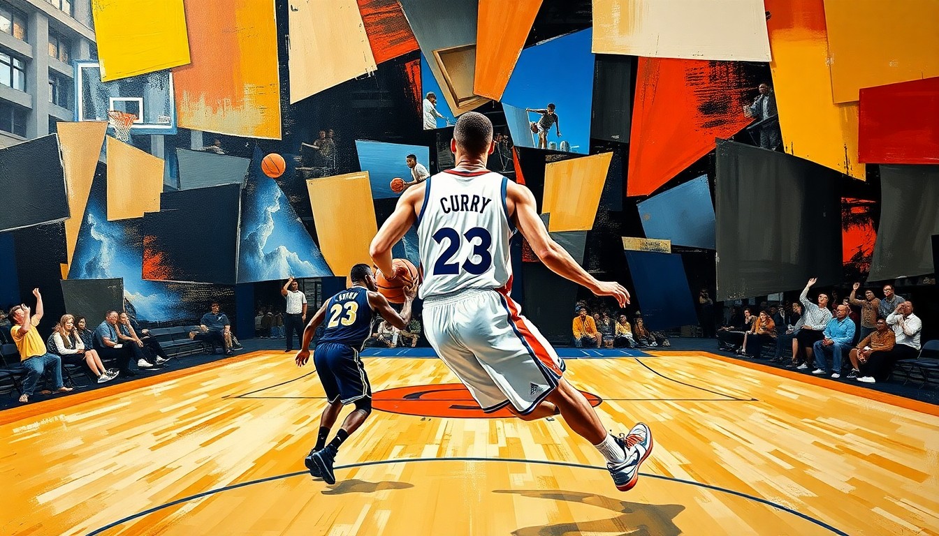 A cubist-style painting featuring fragmented geometric shapes in shades of blue, orange, and green, capturing the dynamic movement and energy of a basketball player on the court.