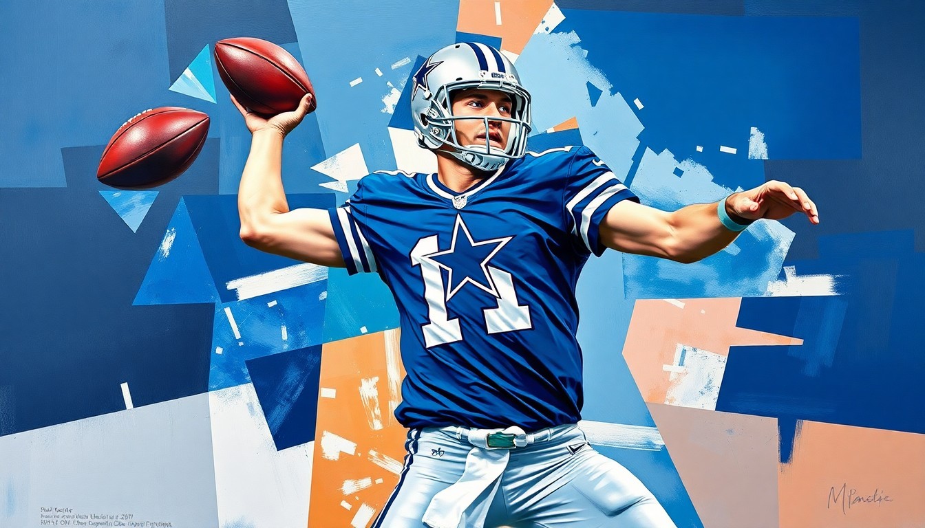 A cubist, geometric illustration depicting the throwing motion of a football quarterback, with sharp, overlapping planes in the Dallas Cowboys' team colors.