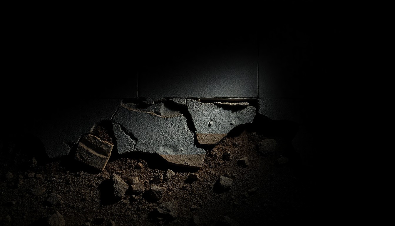 An extreme close-up photograph of a cracked and damaged concrete home foundation, lit by a harsh direct camera flash against a pitch-black background, conceptually illustrating the stark, gritty, and investigative nature of this home repair fraud case.