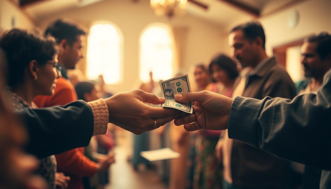 An extremely abstracted, out-of-focus photograph in warm tones depicting the hands of someone distributing cash to a group of people, conceptually representing the financial assistance provided by Transformed Thinking to the local community.