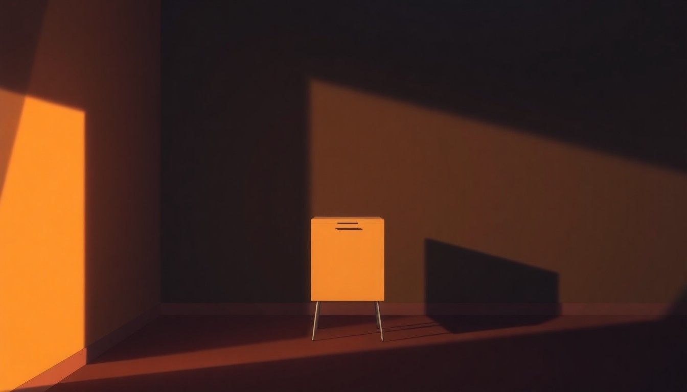 A dimly lit, cinematic painting of a lone ballot box sitting on a wooden table, its surface reflecting the warm glow of sunlight streaming in from a nearby window. The scene conveys a sense of quiet contemplation about the democratic process.