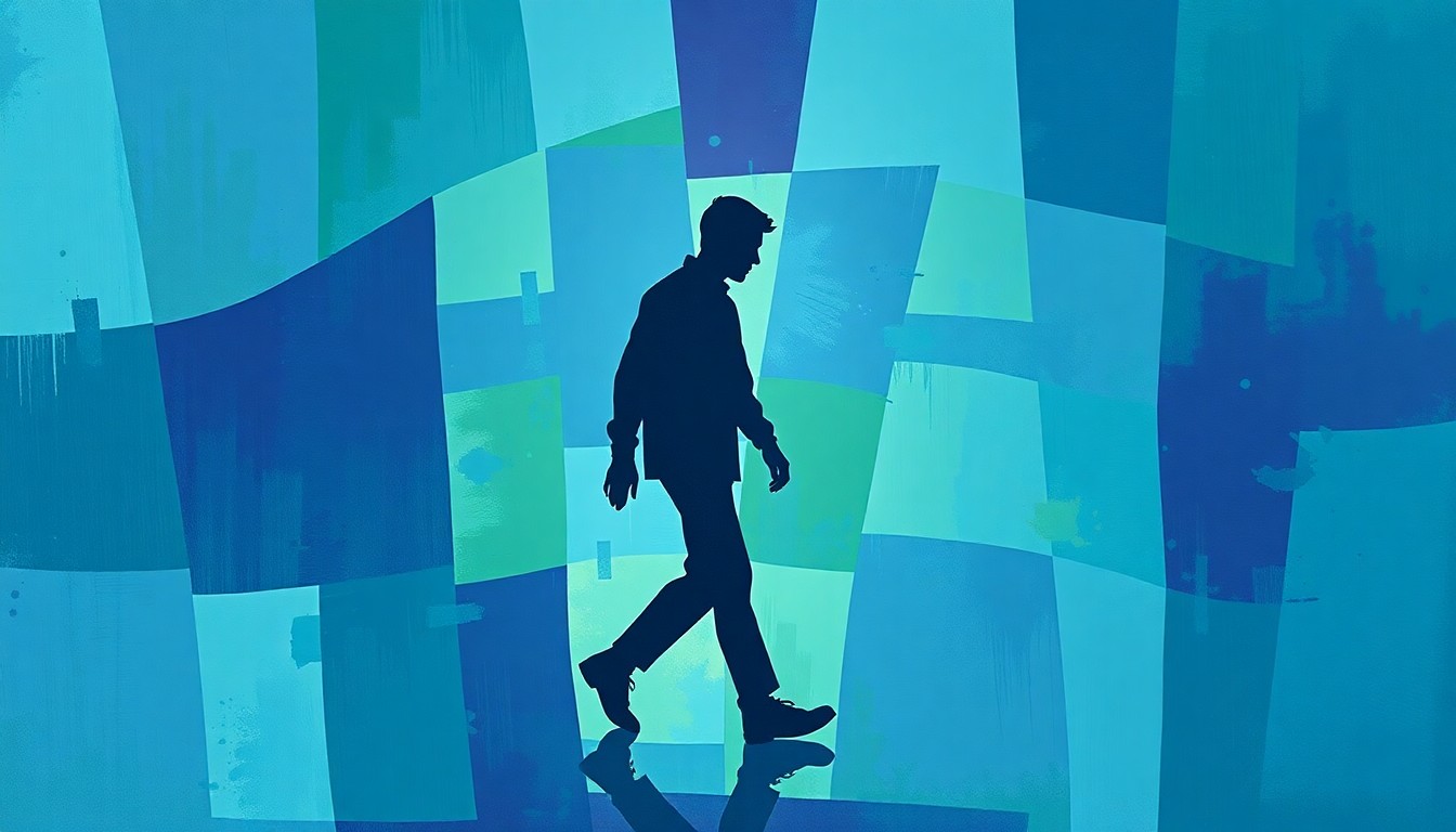 A fractured, abstract painting in shades of blue, green, and purple depicting the silhouette of a person walking, representing the movement and transition within the criminal justice system.