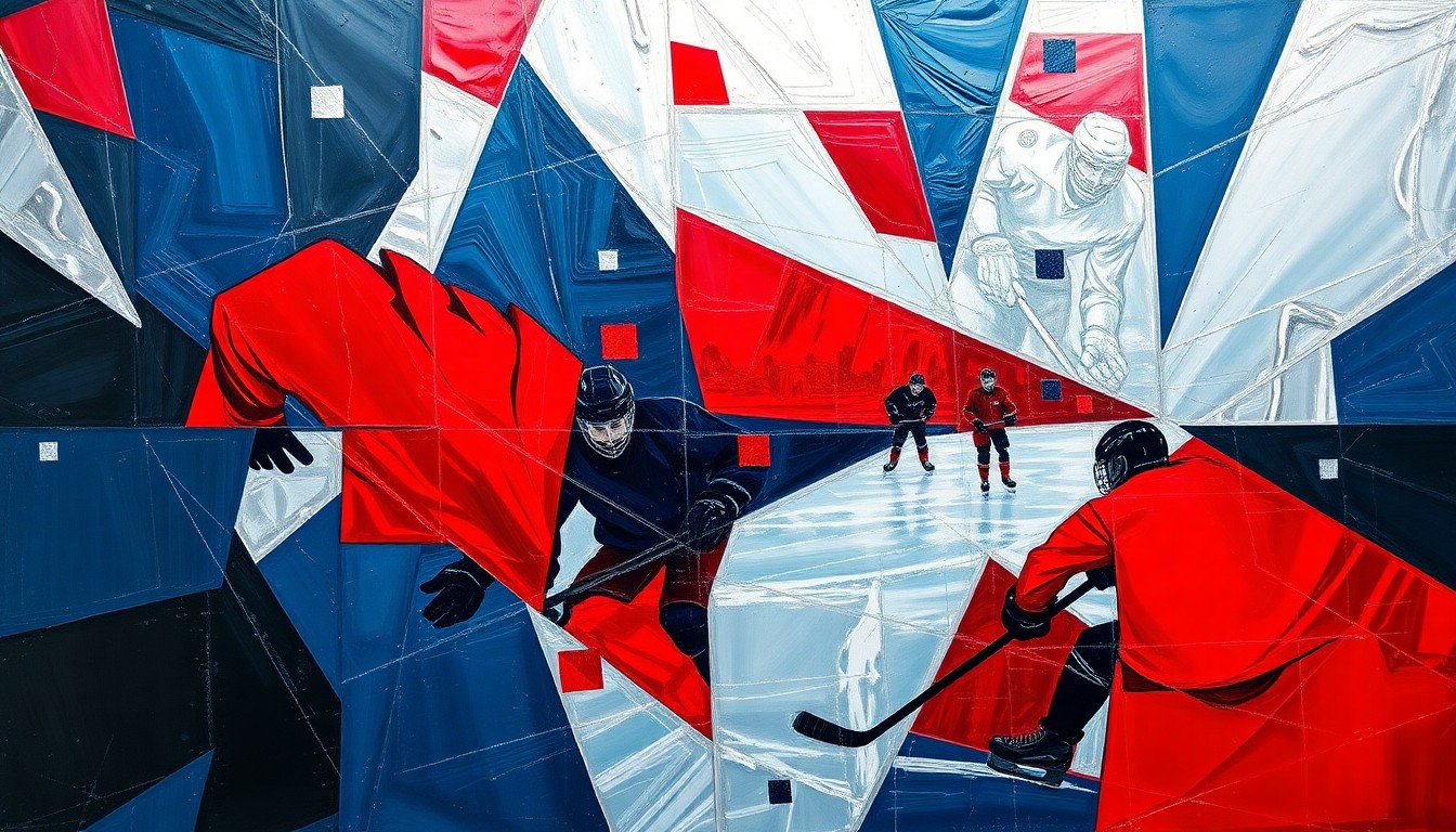A fragmented, geometric painting depicting the motion and intensity of a sled hockey game, with sharp planes of navy, red, and silver conveying the sport's power and speed.