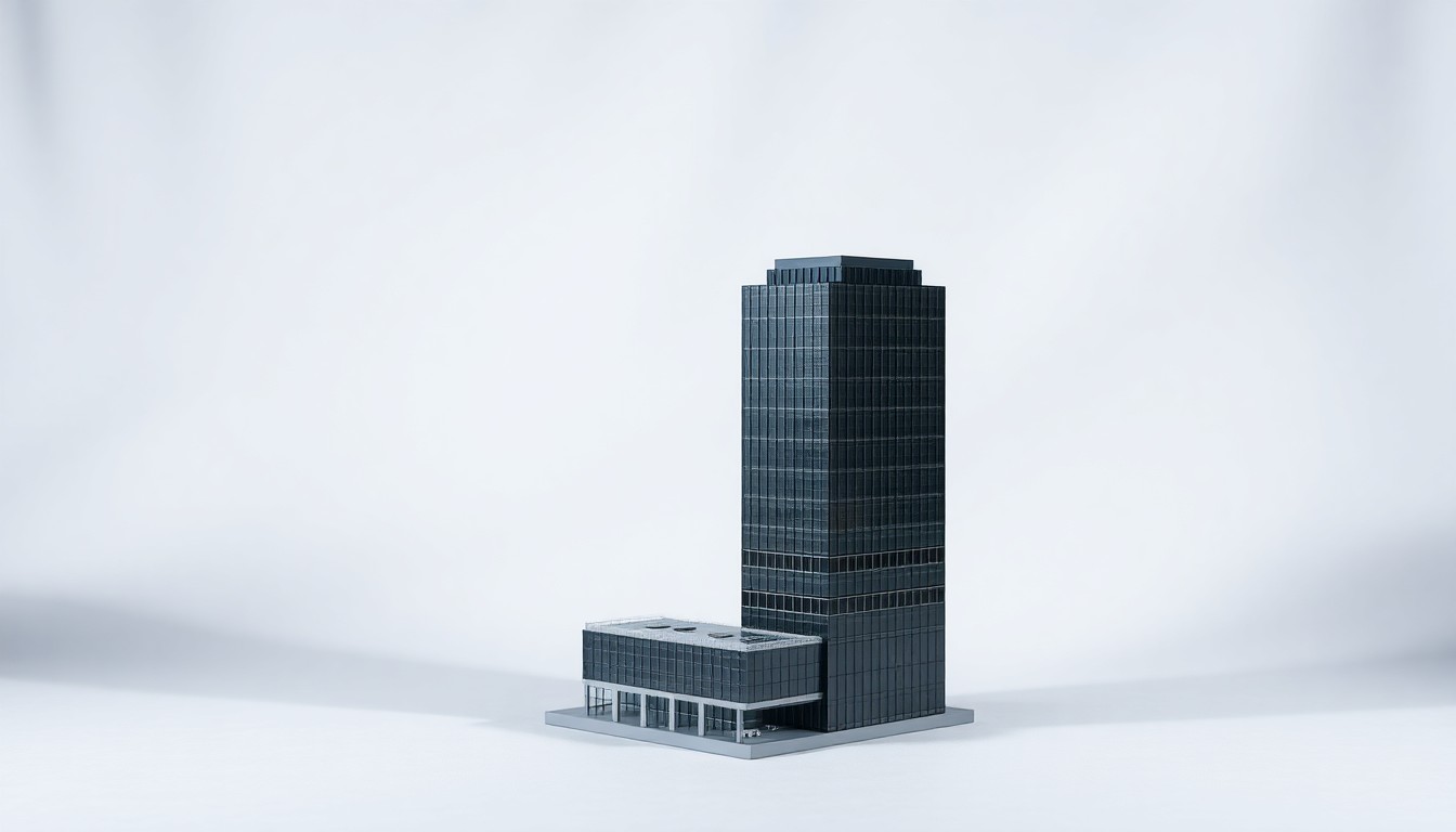 A photorealistic studio still life featuring a sleek, minimalist model of the Riverview Tower office building in Knoxville, Tennessee, captured with dramatic lighting and shadows to symbolize the strategic corporate investment behind the property acquisition.