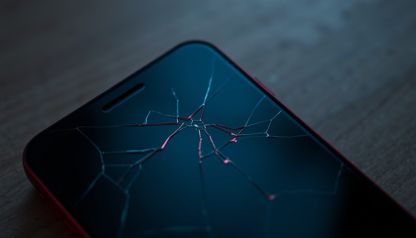 An extreme close-up photograph of a cracked smartphone screen, reflecting a faint red light, conceptually representing the investigation into a murder-for-hire plot.